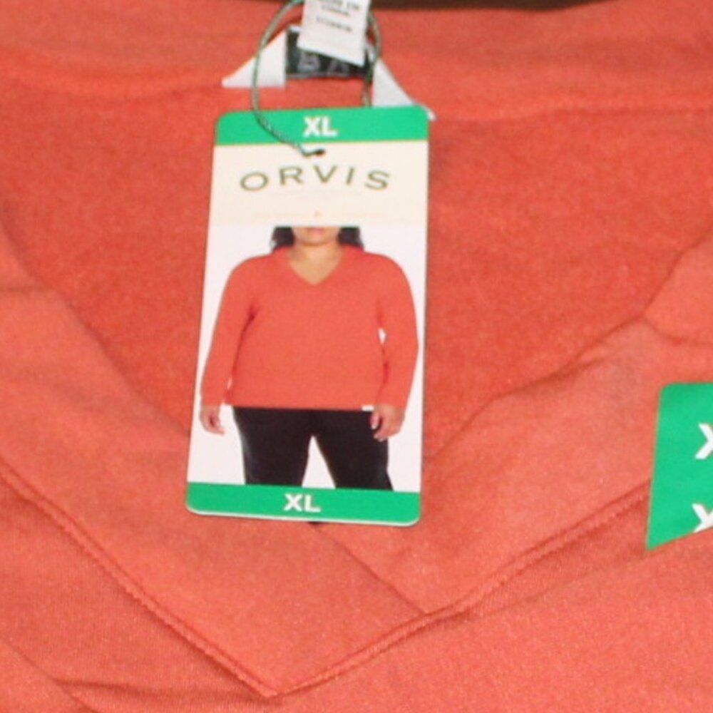 Orvis Orange V Neck Terry Long Sleeve Pullover - Picture 3 of 6